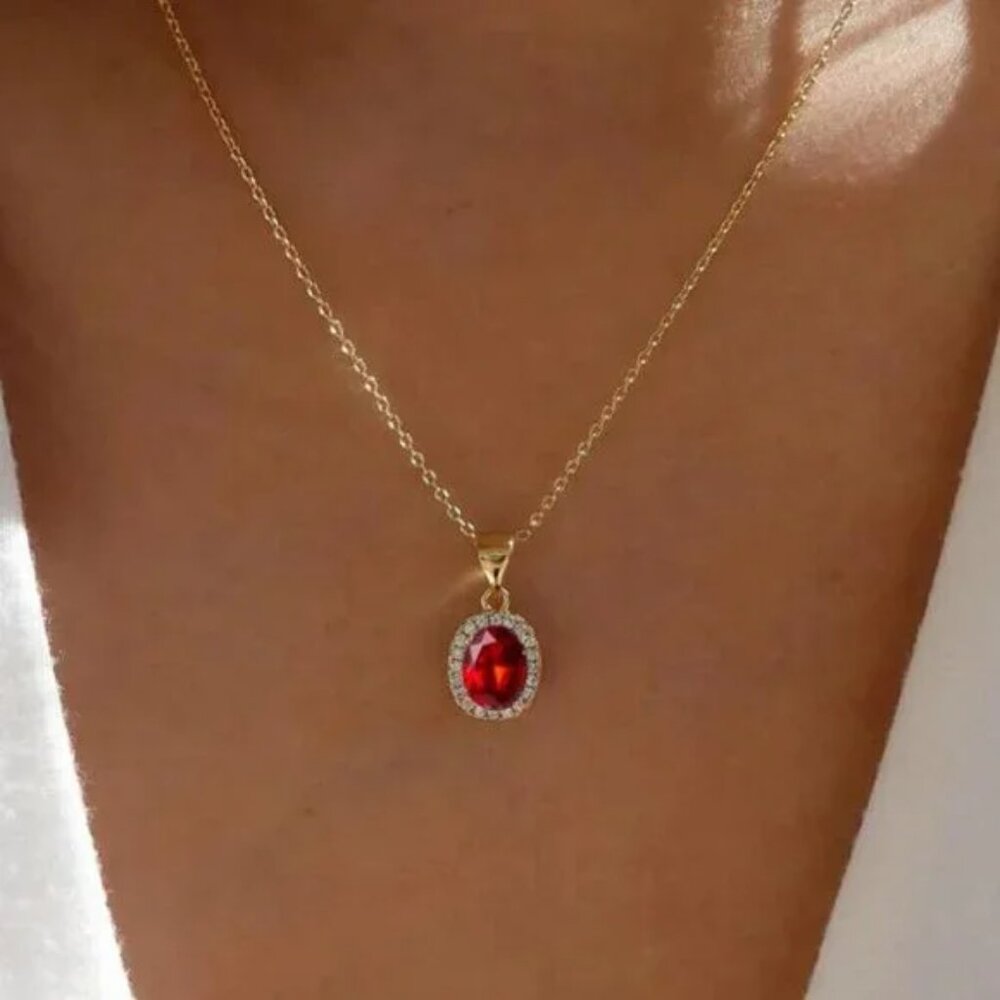 18K Gold Filled Ruby Red Oval Pendant Necklace